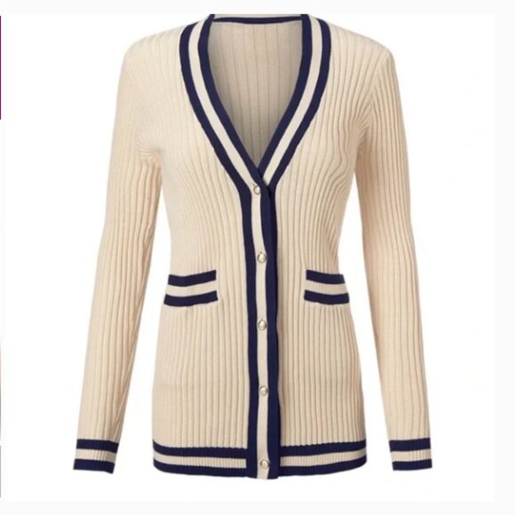 CAbi Sweaters - CAbi Radcliffe Cardigan Cream & Navy Gold Buttons Long Sweater - Women's sz M